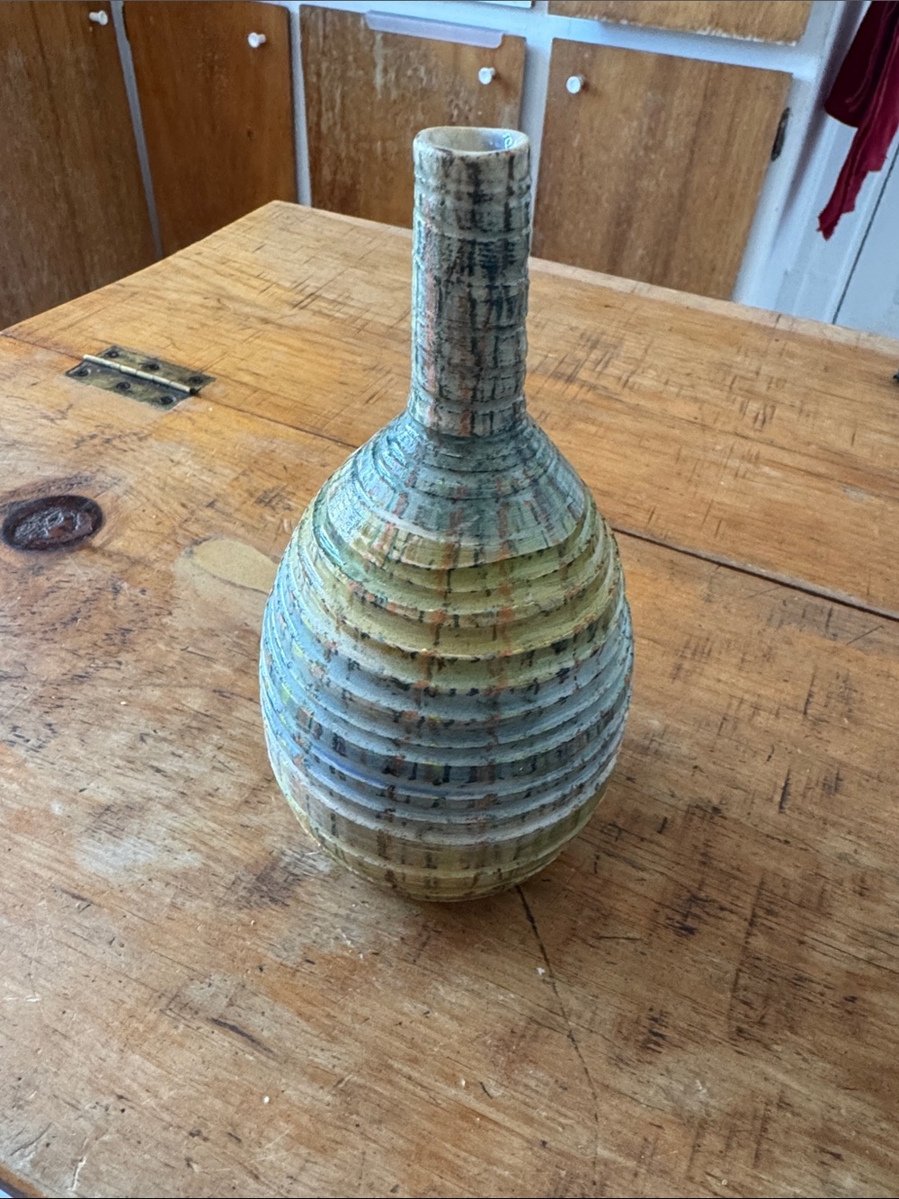 Handcrafted Ribbed Ceramic Vase in Blue-Green